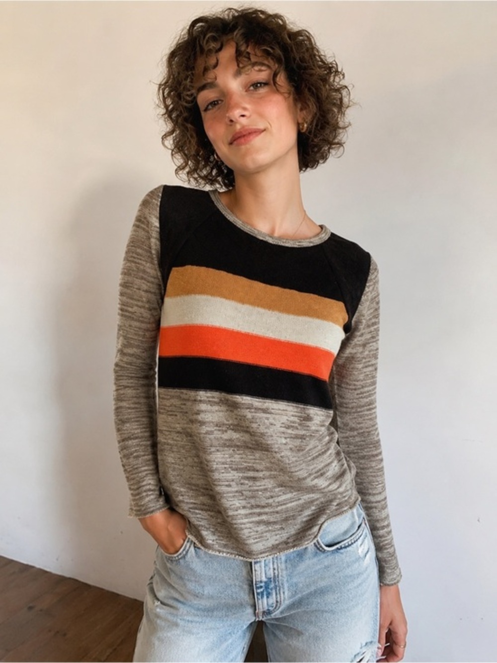 THML Striped Quilted Crew Neck Sweater